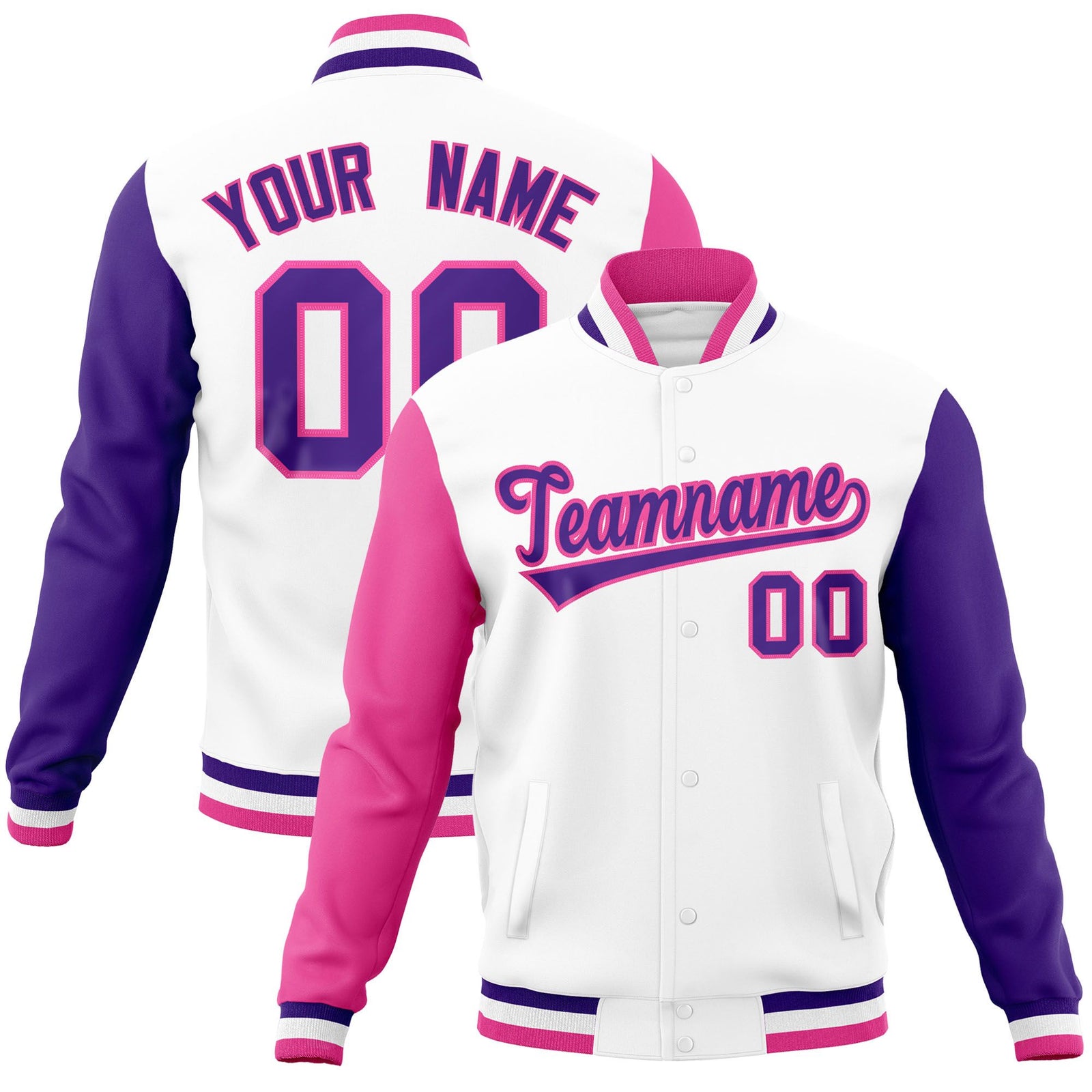 Custom White Purple-Pink Raglan Sleeves Varsity Full-Snap Letterman Jacket