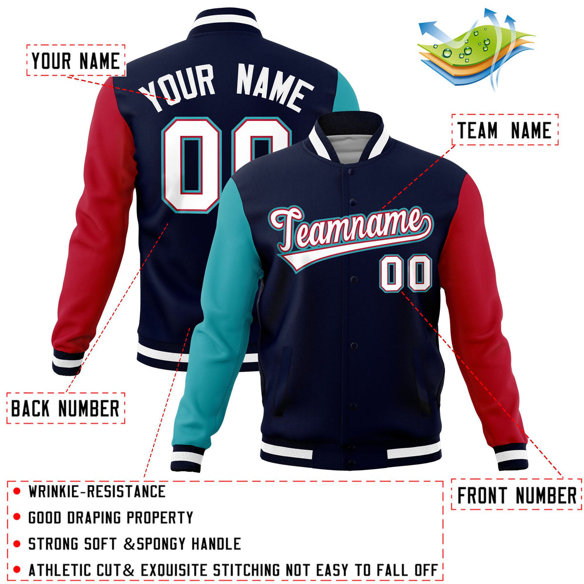 Custom Navy Red-Aqua Raglan Sleeves Varsity Full-Snap Letterman Jacket