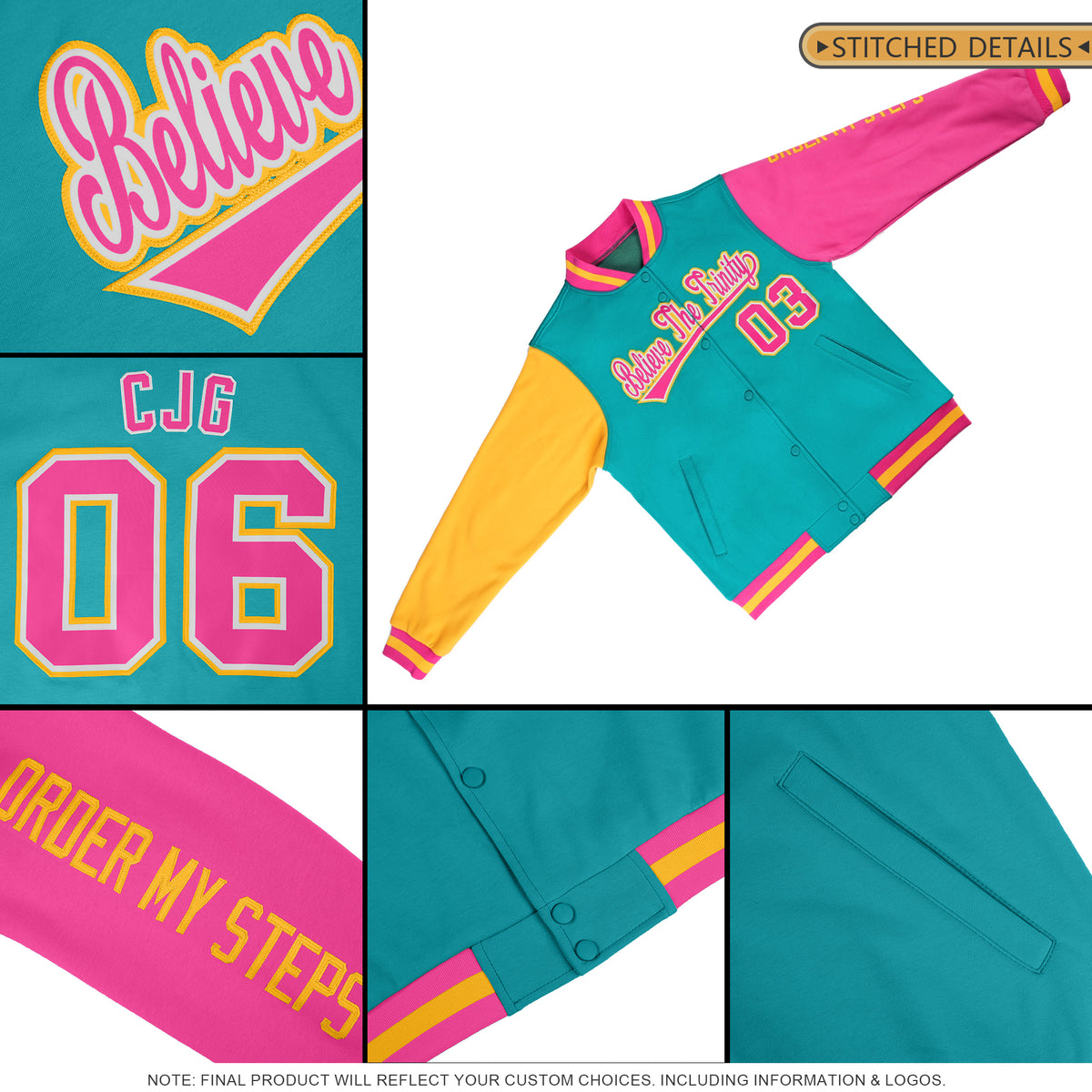Custom Aqua Pink-Gold Raglan Sleeves Varsity Full-Snap Letterman Jacket