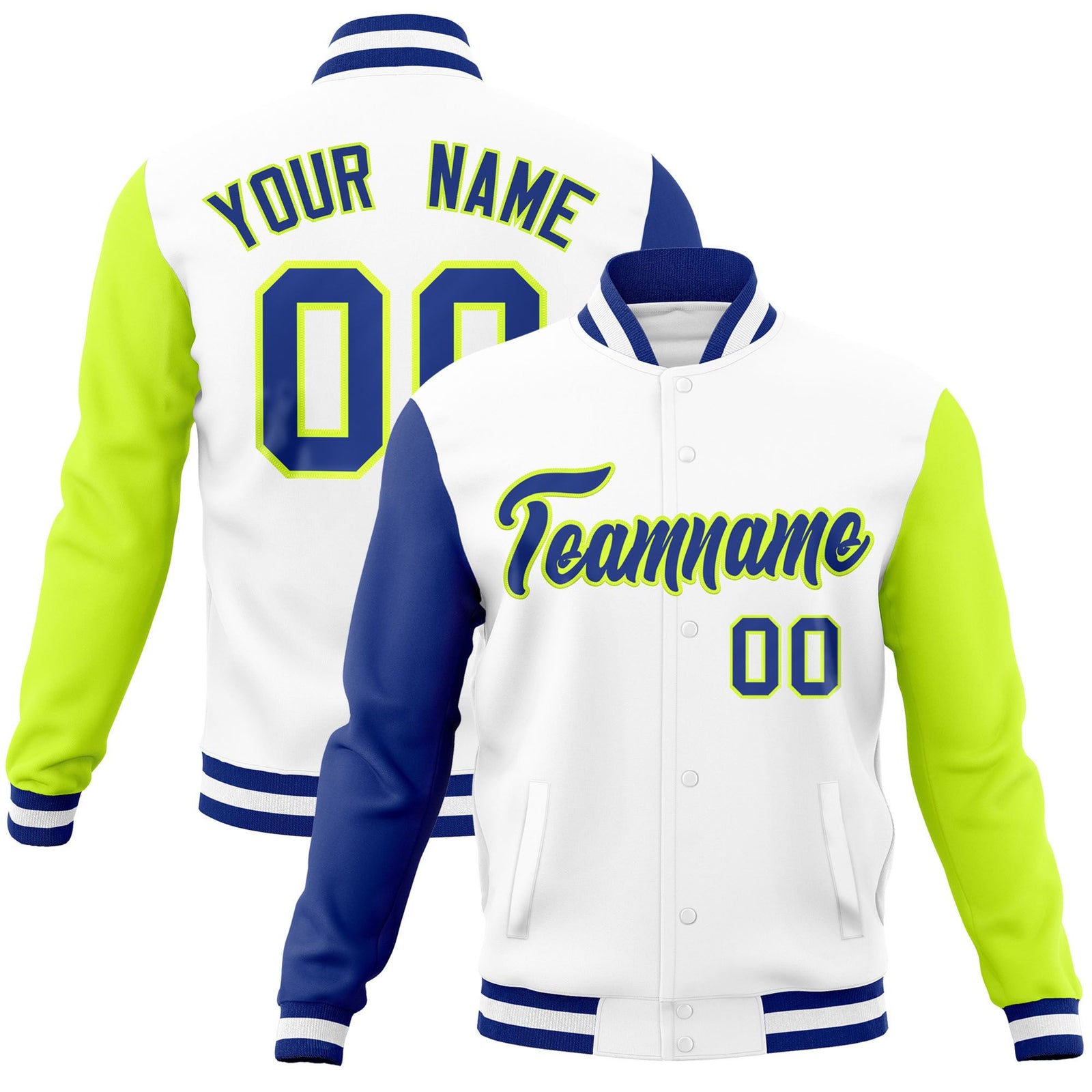 Custom White Neon Green-Royal Raglan Sleeves Varsity Full-Snap Letterman Jacket