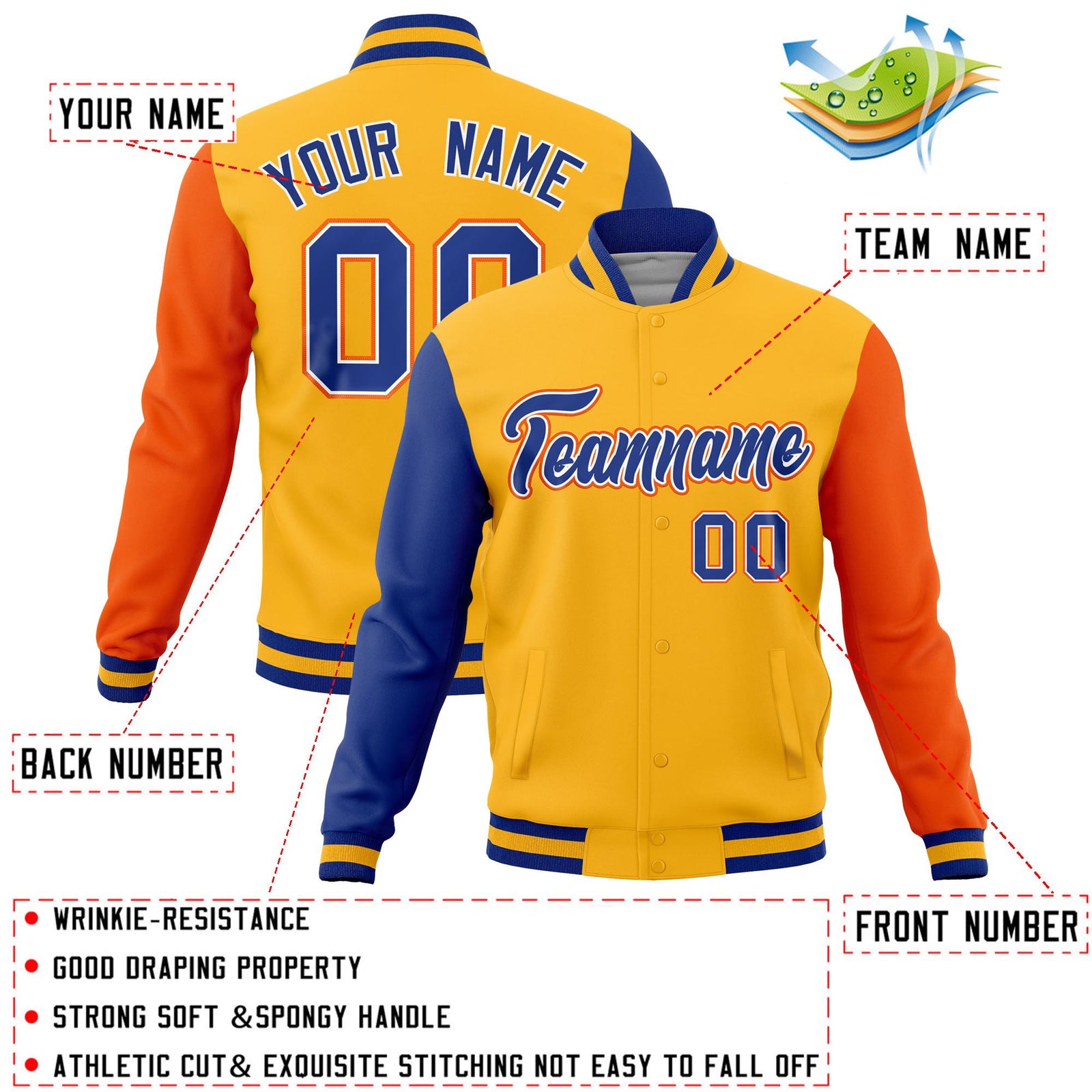 Custom Gold Orange-Royal Raglan Sleeves Varsity Full-Snap Letterman Jacket
