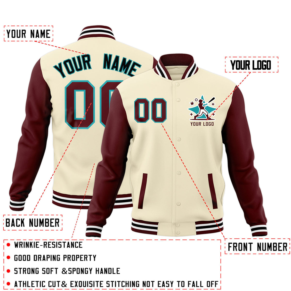 Custom Cream Crimson White Raglan Sleeves Full-Snap Letterman Cotton Fabric Jacket| KXKSHOP