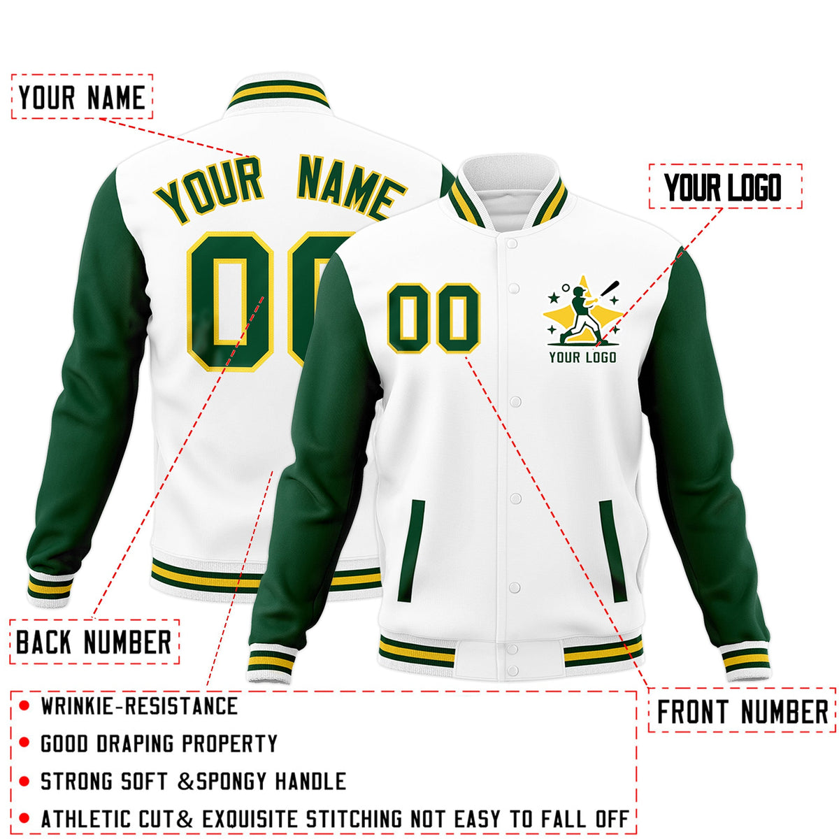 Custom White Green Gold Raglan Sleeves Full-Snap Letterman Cotton Fabric Jacket| KXKSHOP