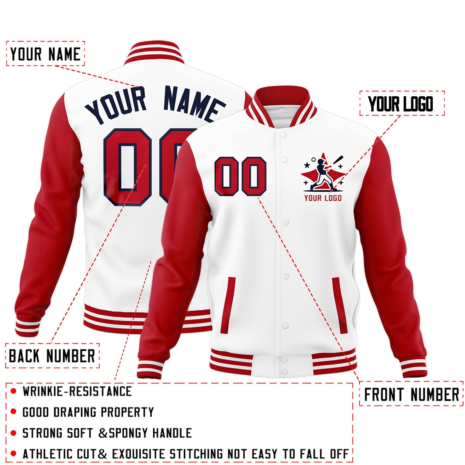 Custom White Red Black Raglan Sleeves Full-Snap Letterman Cotton Fabric Jacket| KXKSHOP