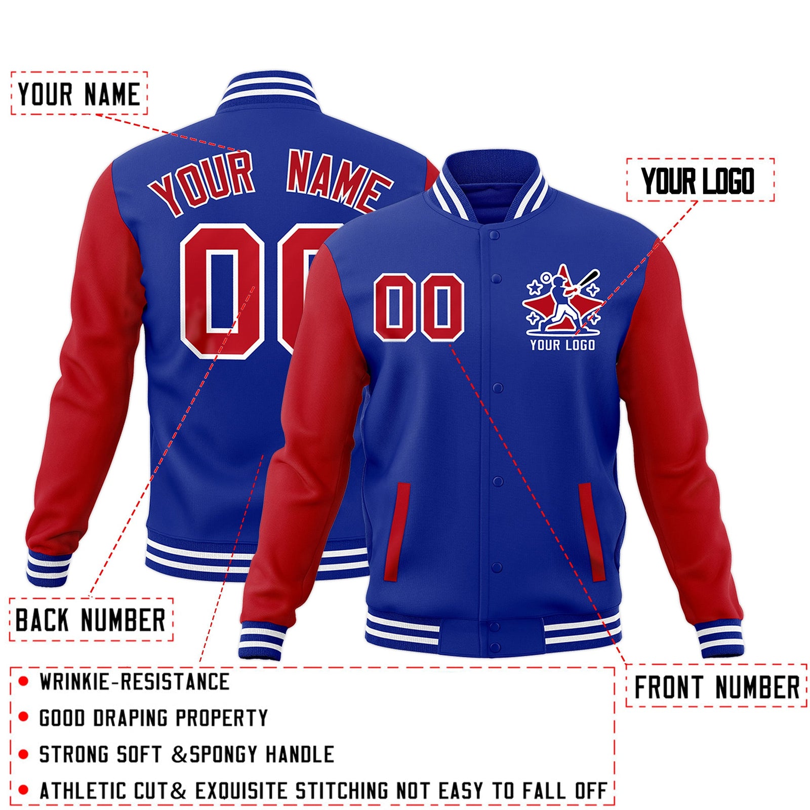 Custom Red Royal Blue White Raglan Sleeves Full-Snap Letterman Cotton Fabric Jacket| KXKSHOP