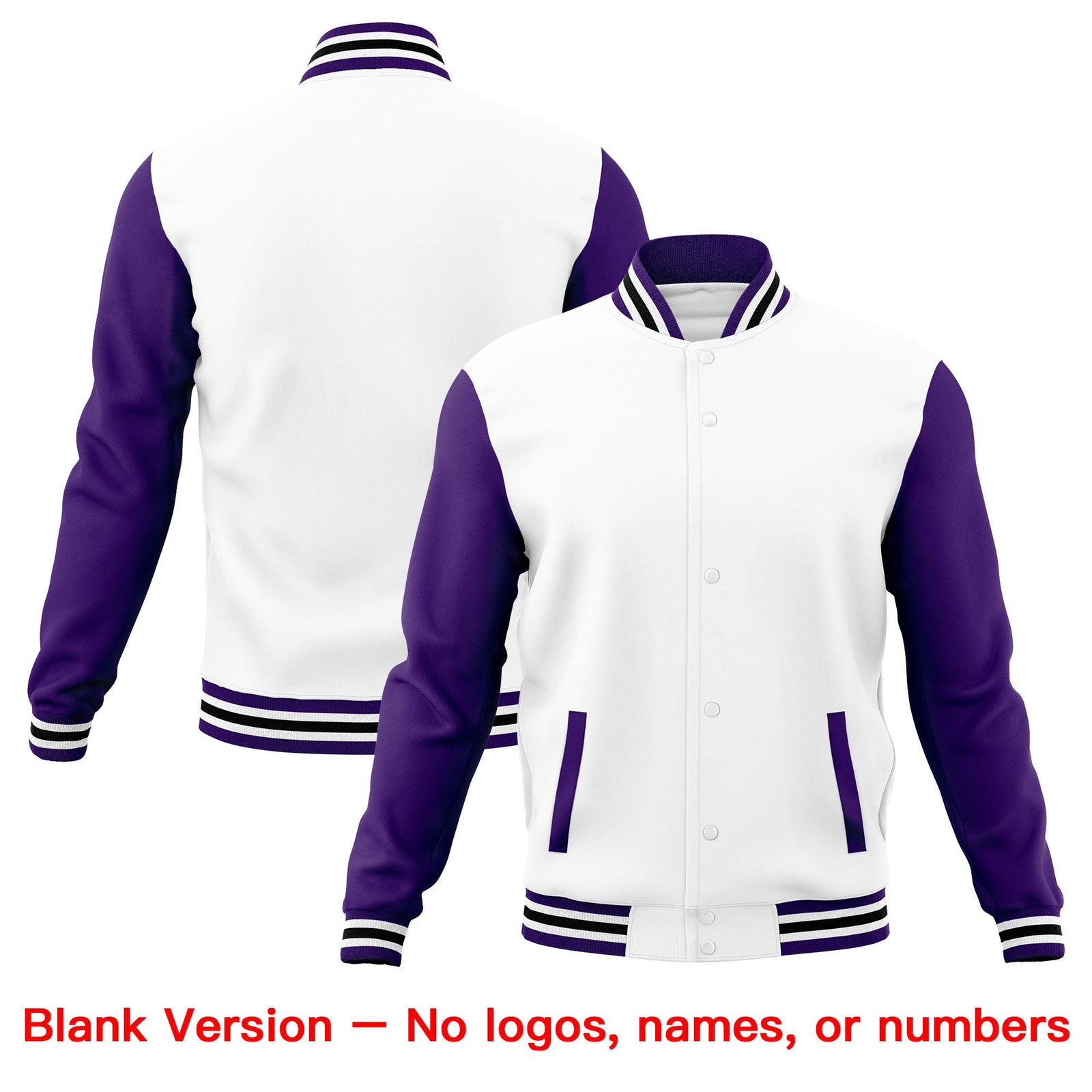 Custom White Purple Black Raglan Sleeves Full-Snap Letterman Cotton Fabric Jacket| KXKSHOP