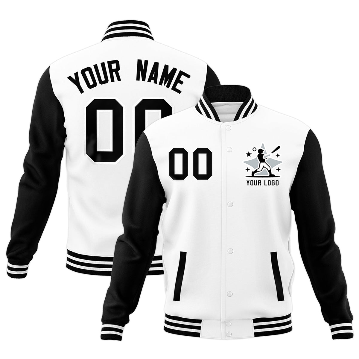 Custom White Black Raglan Sleeves Full-Snap Letterman Cotton Fabric Jacket| KXKSHOP