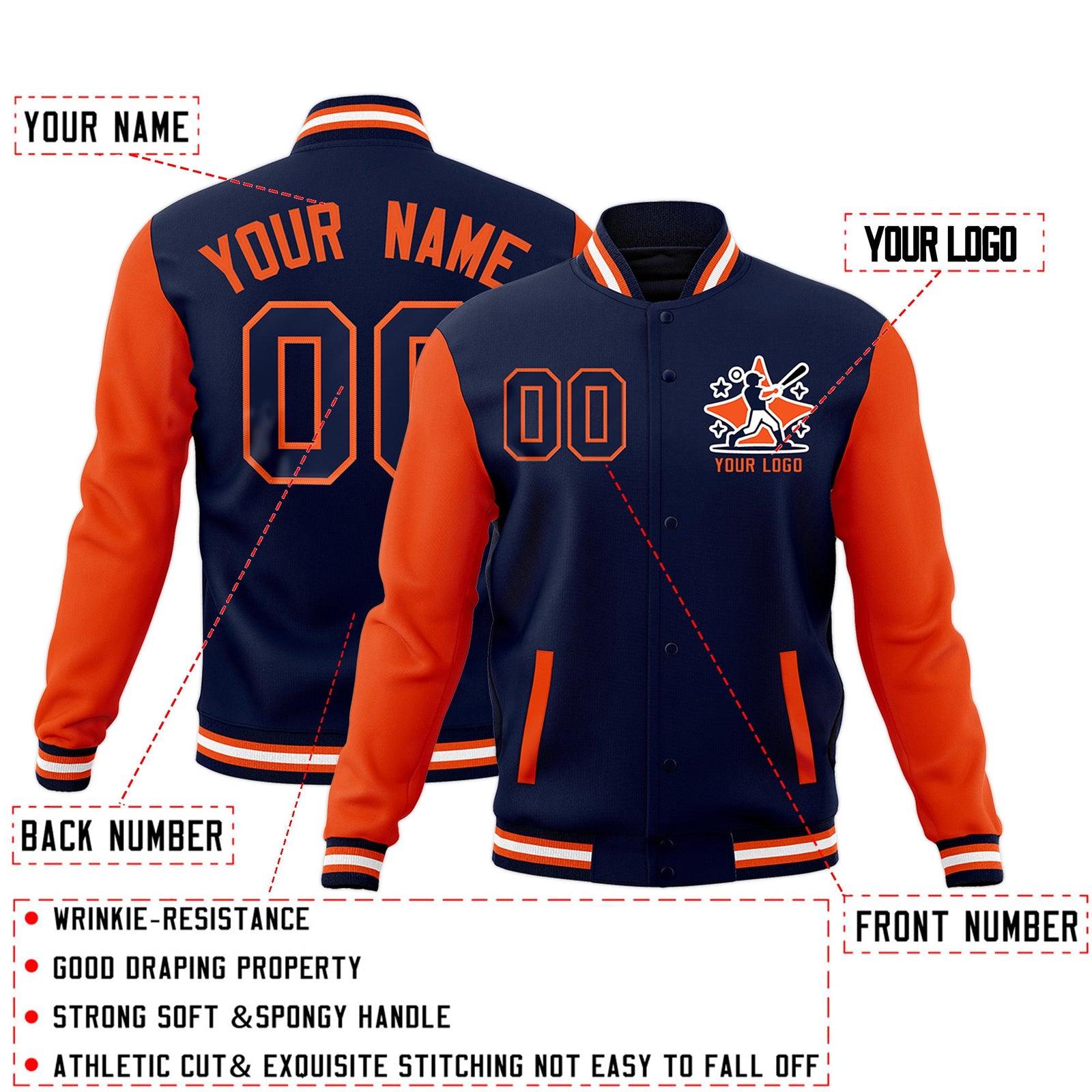 Custom Navy Orange White Raglan Sleeves Full-Snap Letterman Cotton Fabric Jacket| KXKSHOP