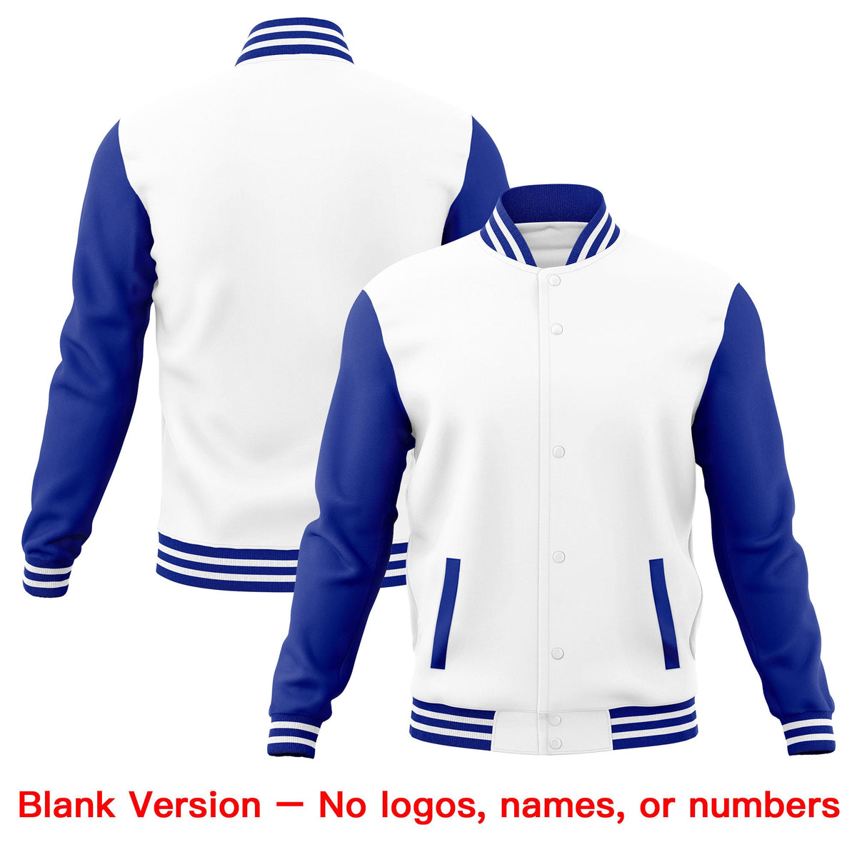 Custom White Royal Blue Raglan Sleeves Full-Snap Letterman Cotton Fabric Jacket| KXKSHOP