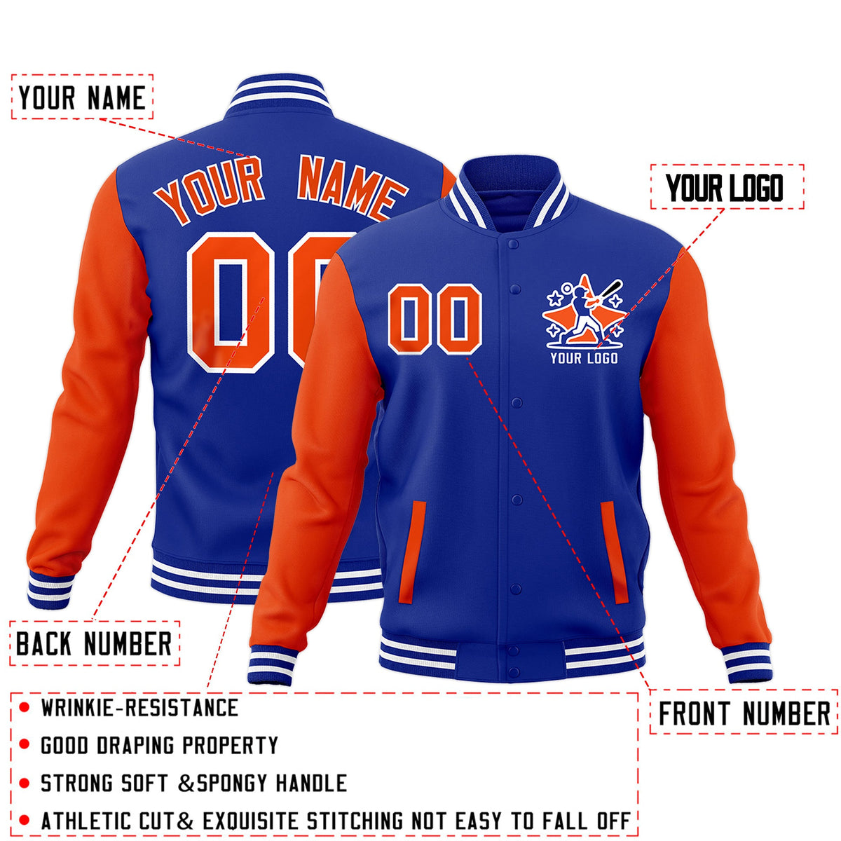 Custom Royal Blue Orange White Raglan Sleeves Full-Snap Letterman Cotton Fabric Jacket| KXKSHOP