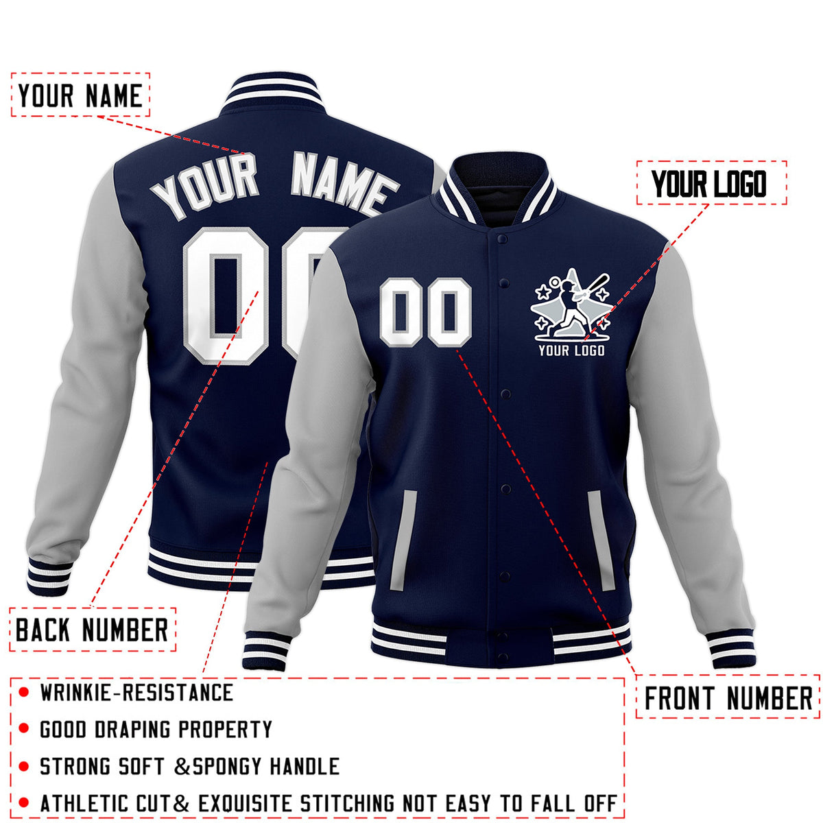Custom Navy Gray White Raglan Sleeves Full-Snap Letterman Cotton Fabric Jacket| KXKSHOP