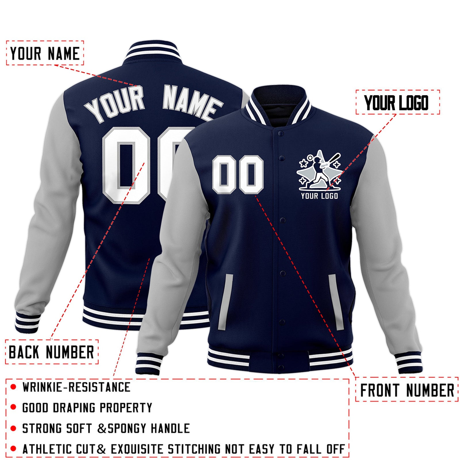 Custom Navy Gray White Raglan Sleeves Full-Snap Letterman Cotton Fabric Jacket| KXKSHOP