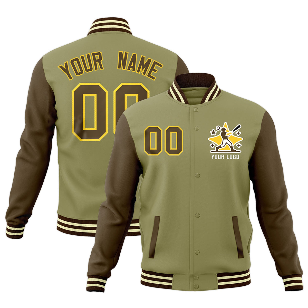 Custom Khaki Light Brown Cream Raglan Sleeves Full-Snap Letterman Cotton Fabric Jacket| KXKSHOP