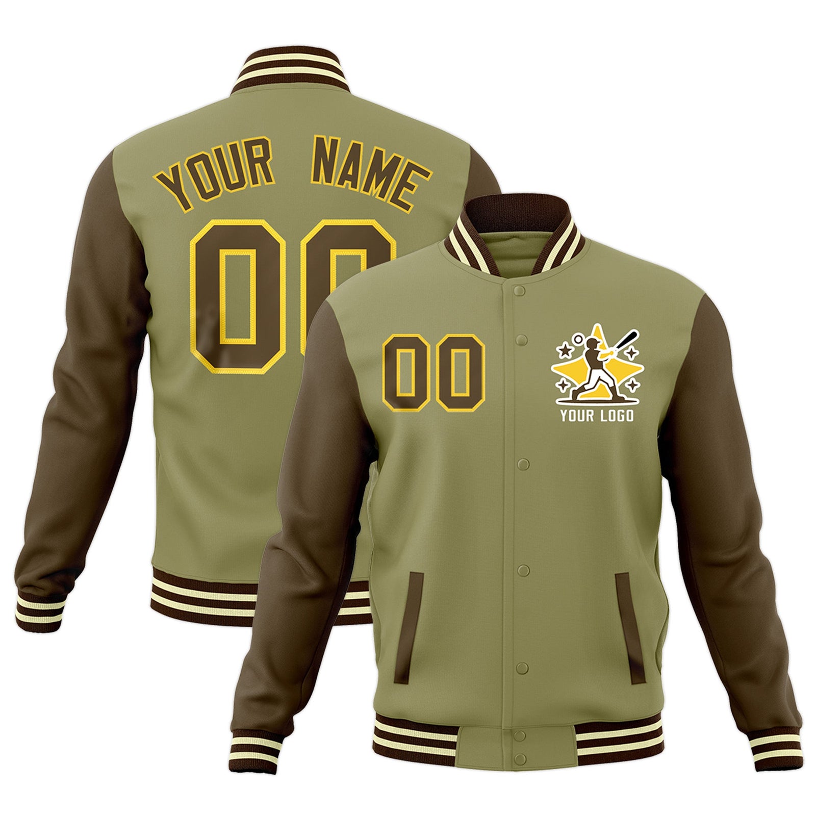 Custom Khaki Light Brown Cream Raglan Sleeves Full-Snap Letterman Cotton Fabric Jacket| KXKSHOP