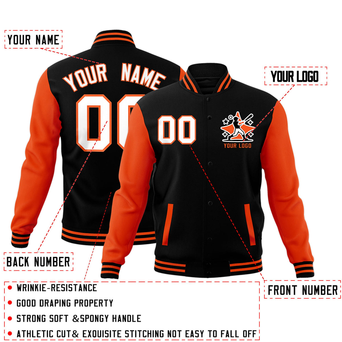 Custom Black Orange Raglan Sleeves Full-Snap Letterman Cotton Fabric Jacket| KXKSHOP