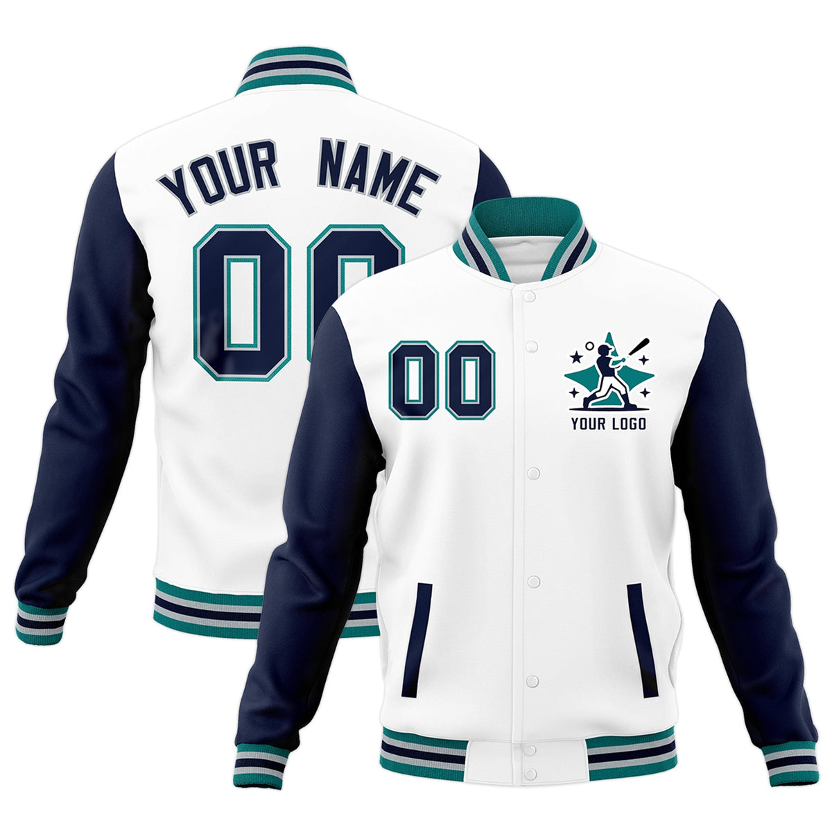 Custom White Navy Teal Raglan Sleeves Full-Snap Letterman Cotton Fabric Jacket| KXKSHOP
