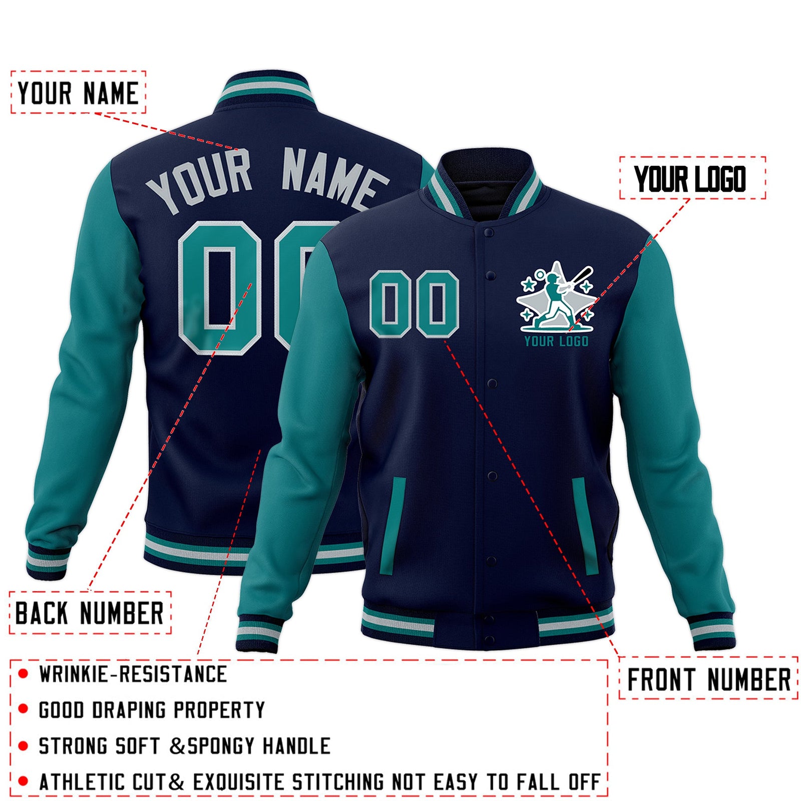 Custom Navy Teal Gray Raglan Sleeves Full-Snap Letterman Cotton Fabric Jacket| KXKSHOP
