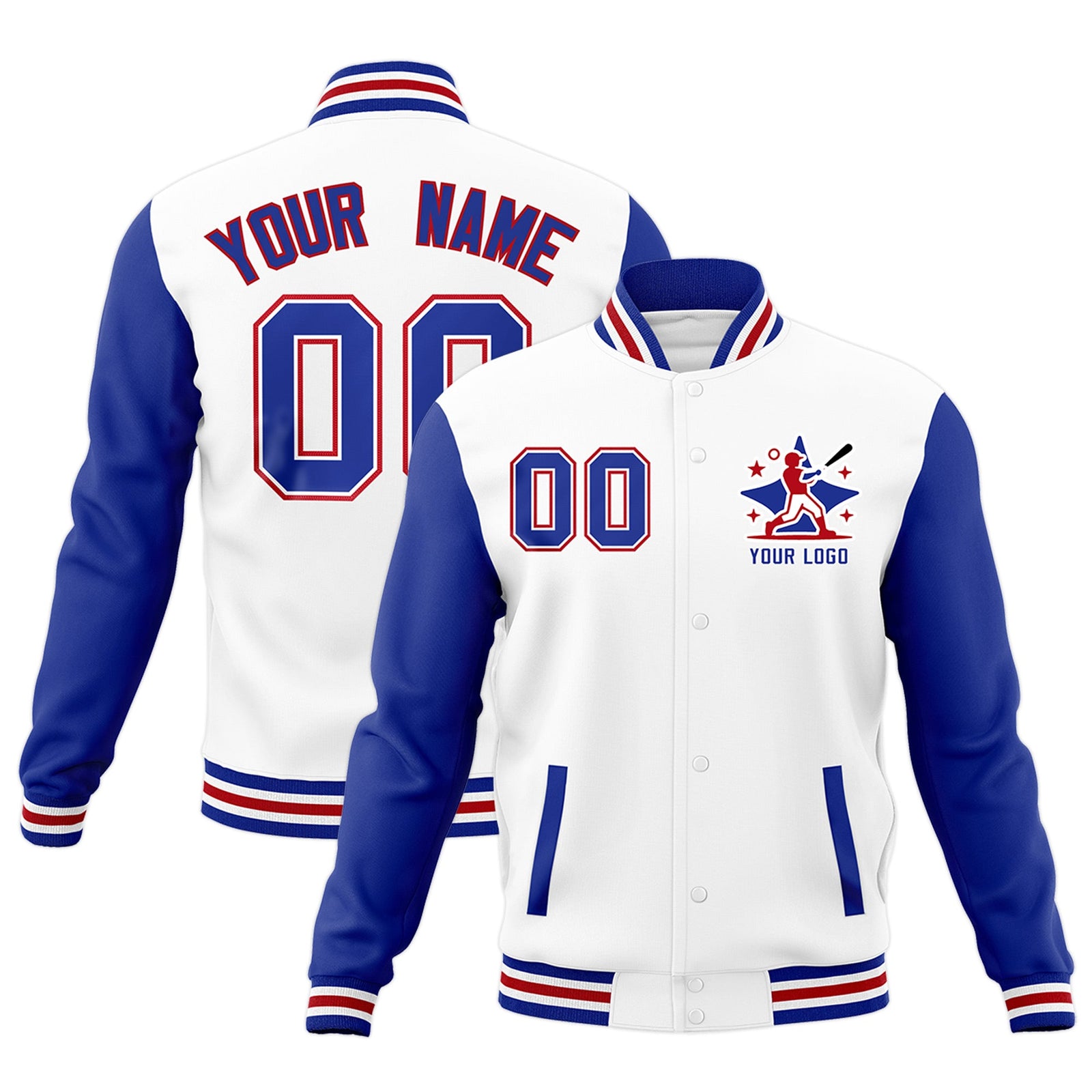 Custom White Red Royal Blue Raglan Sleeves Full-Snap Letterman Cotton Fabric Jacket| KXKSHOP