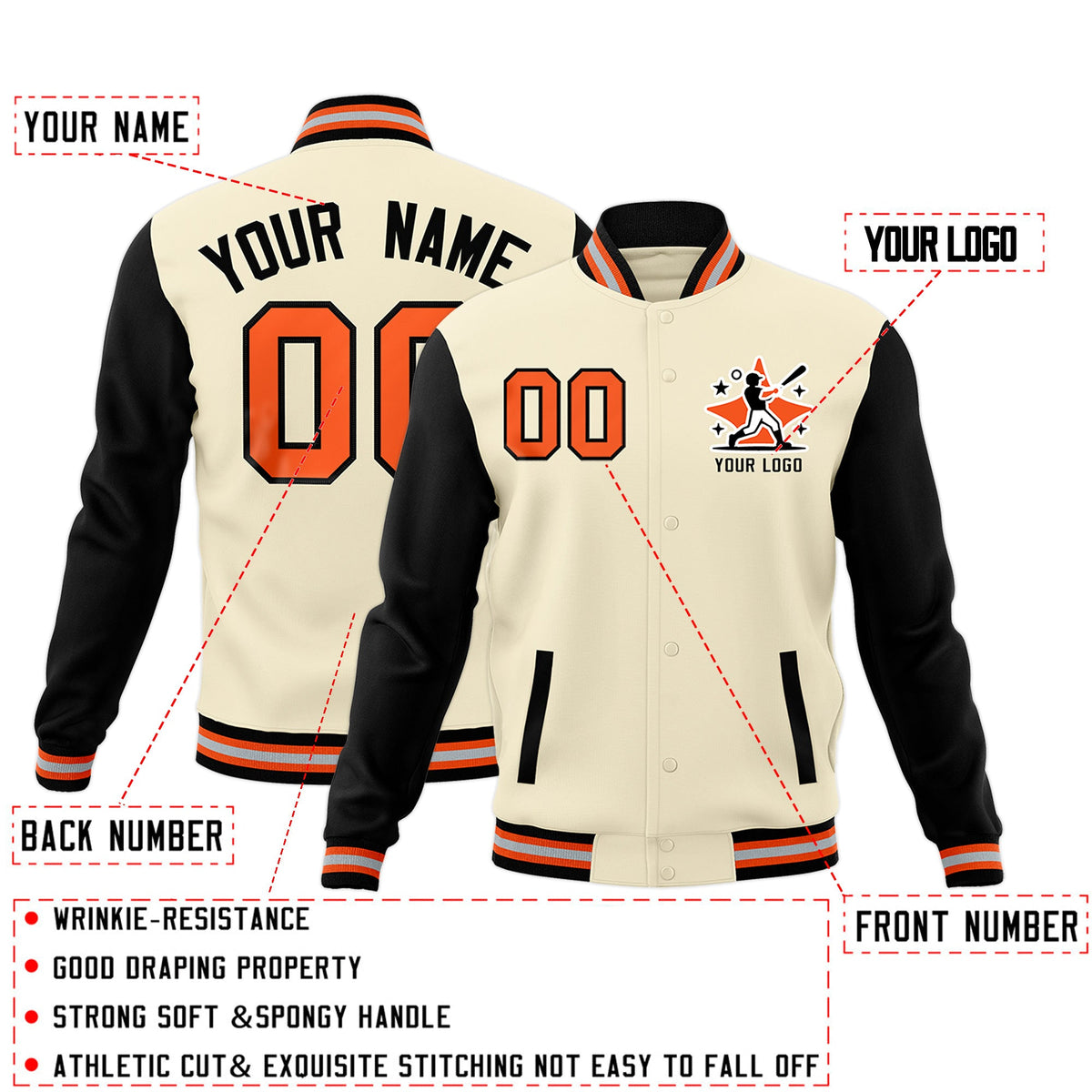 Custom Cream Black Orange Raglan Sleeves Full-Snap Letterman Cotton Fabric Jacket| KXKSHOP