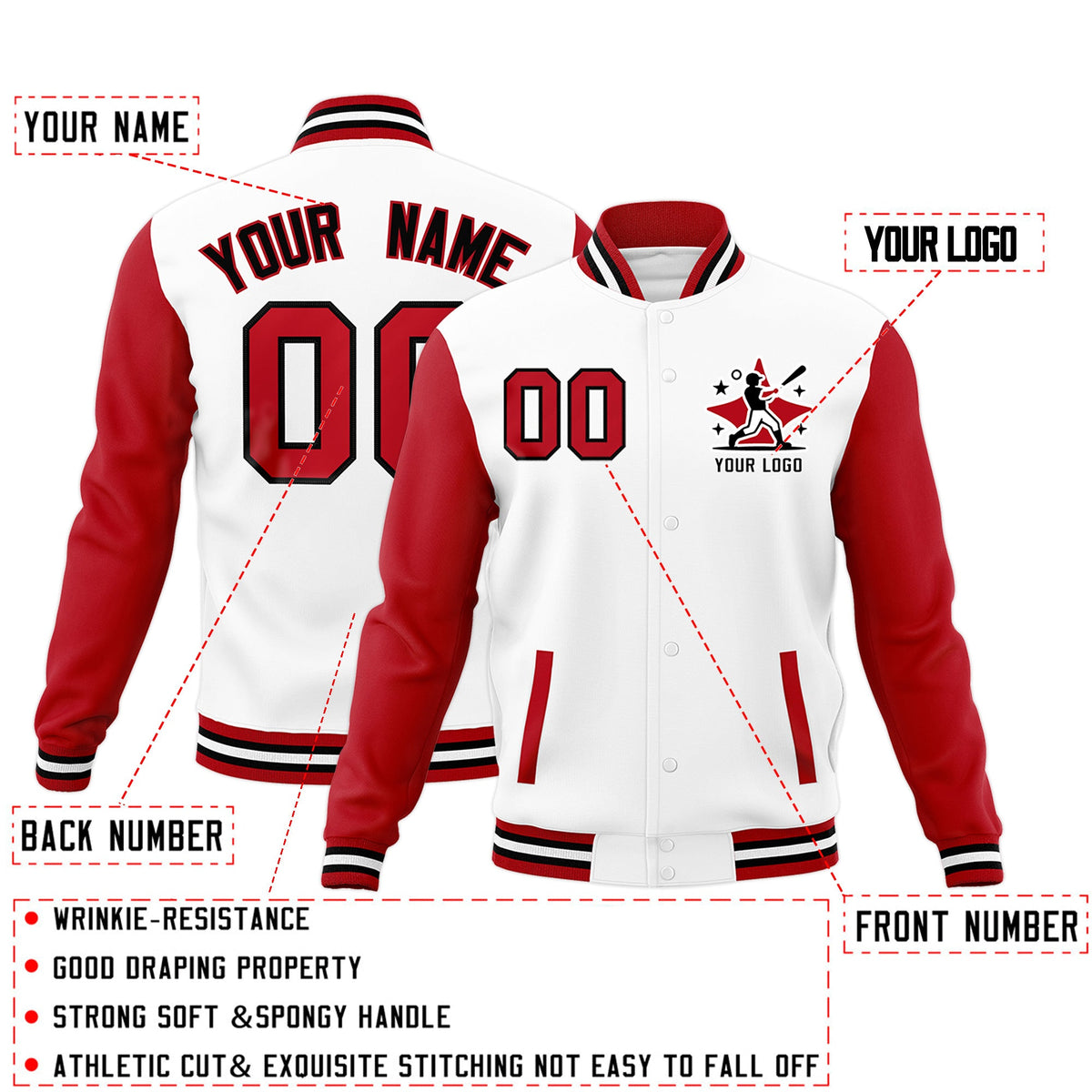 Custom White Black Red Raglan Sleeves Full-Snap Letterman Cotton Fabric Jacket| KXKSHOP