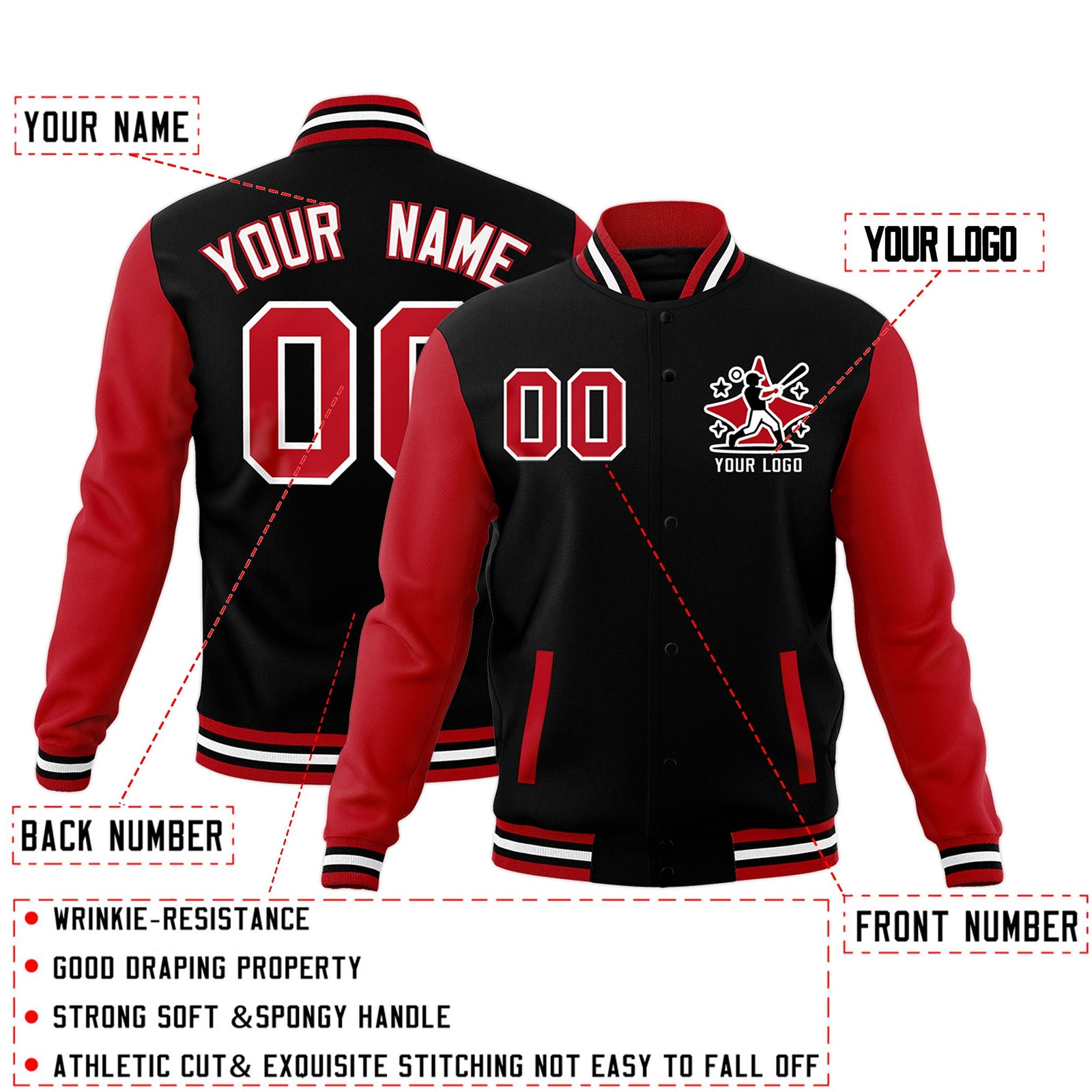 Custom Black White Red Raglan Sleeves Full-Snap Letterman Cotton Fabric Jacket| KXKSHOP