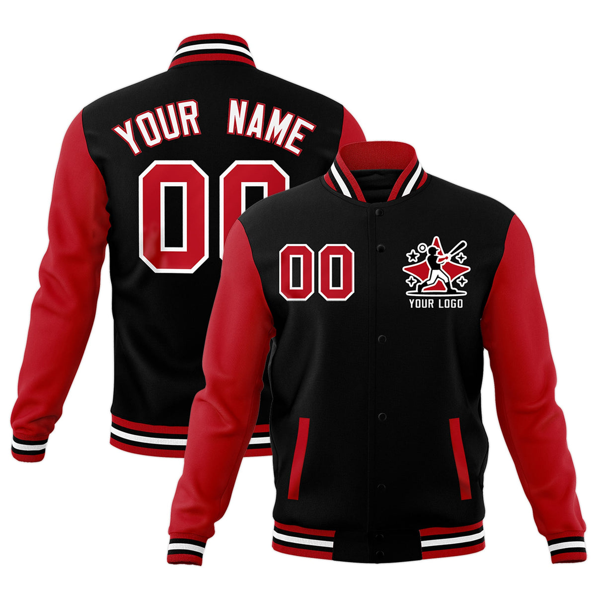 Custom Black White Red Raglan Sleeves Full-Snap Letterman Cotton Fabric Jacket| KXKSHOP