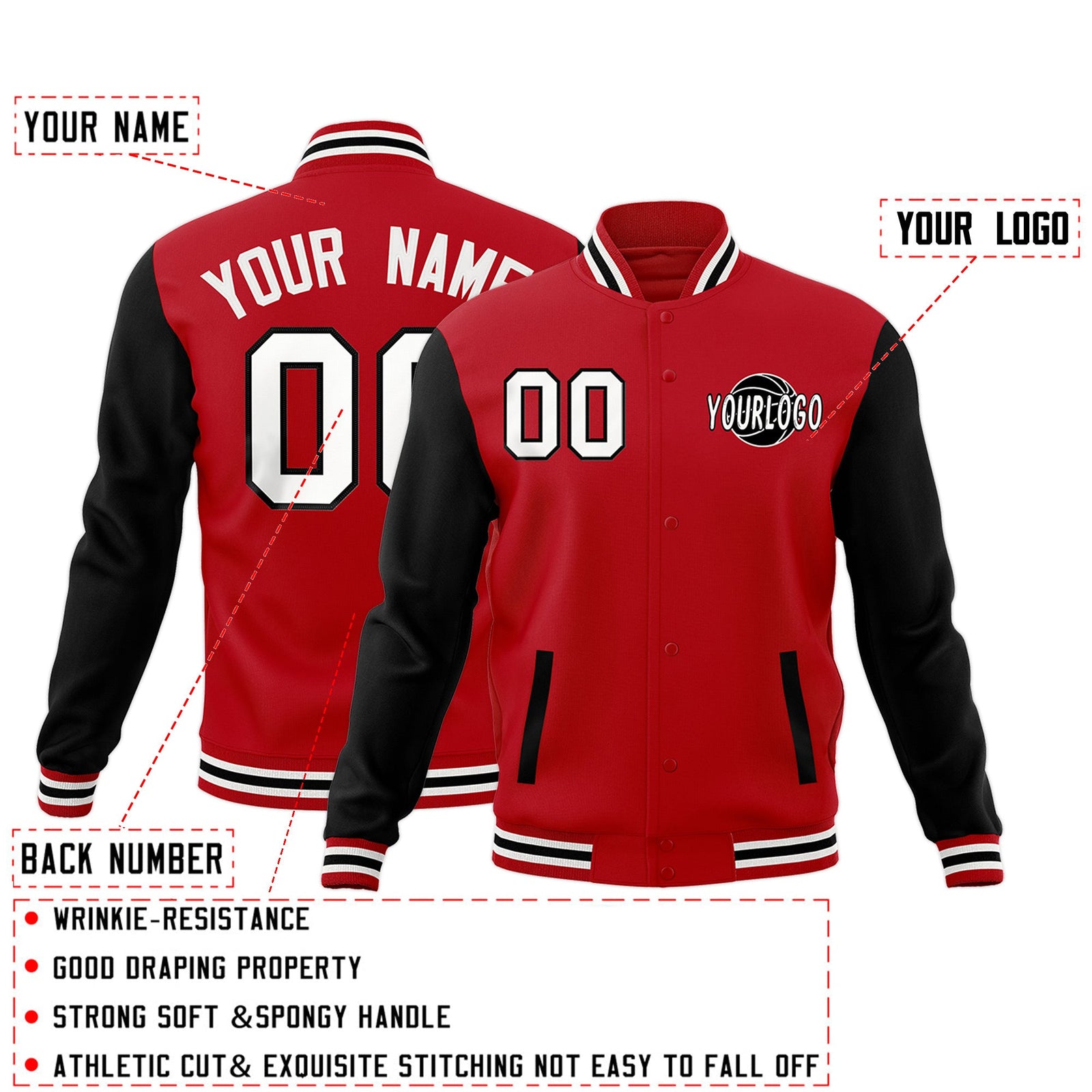 Custom Red Black White Raglan Sleeves Classic Style Letterman Cotton Fabric Jacket| KXKSHOP