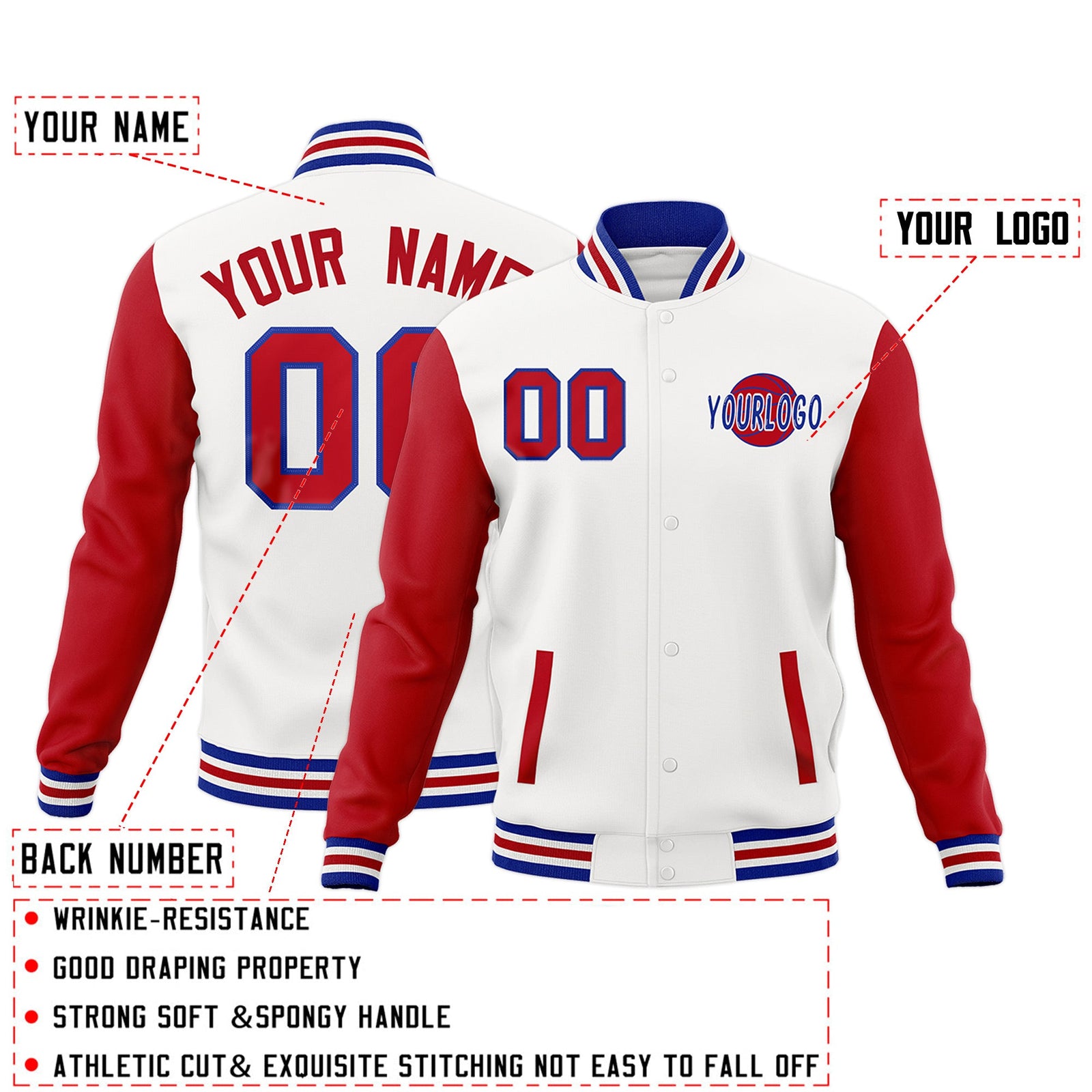 Custom White Red Royal Blue Raglan Sleeves Classic Style Letterman Cotton Fabric Jacket| KXKSHOP