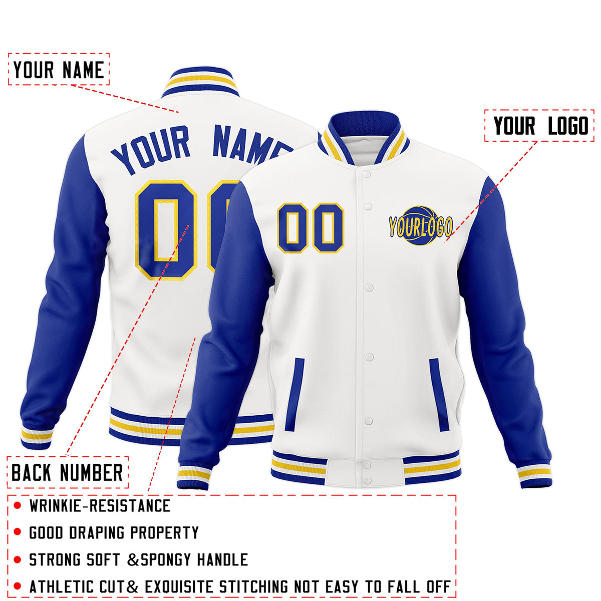 Custom White Royal Blue Raglan Sleeves Classic Style Letterman Cotton Fabric Jacket| KXKSHOP