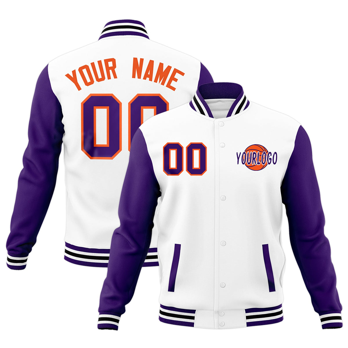 Custom White Purple Black Raglan Sleeves Classic Style Letterman Cotton Fabric Jacket| KXKSHOP