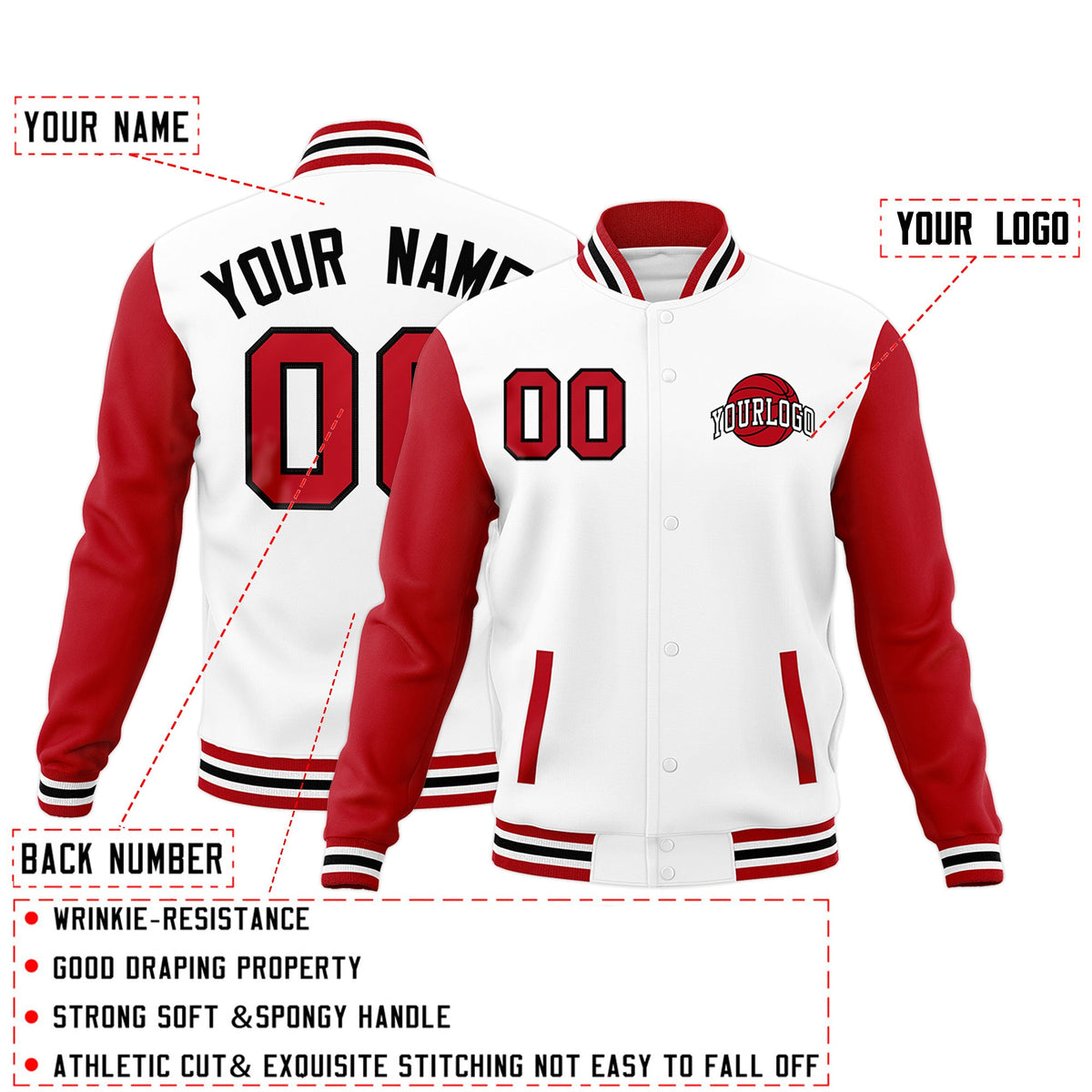 Custom White Red Black Raglan Sleeves Classic Style Letterman Cotton Fabric Jacket| KXKSHOP