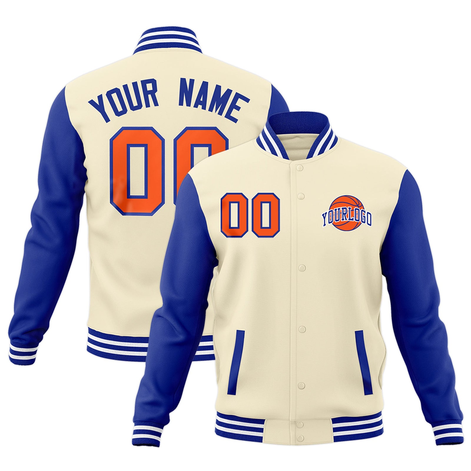 Custom Cream Royal Blue White Raglan Sleeves Classic Style Letterman Cotton Fabric Jacket| KXKSHOP