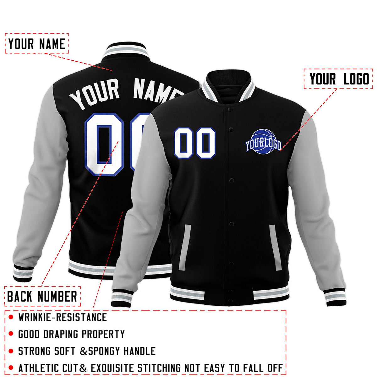 Custom Black Gray White Raglan Sleeves Classic Style Letterman Cotton Fabric Jacket| KXKSHOP