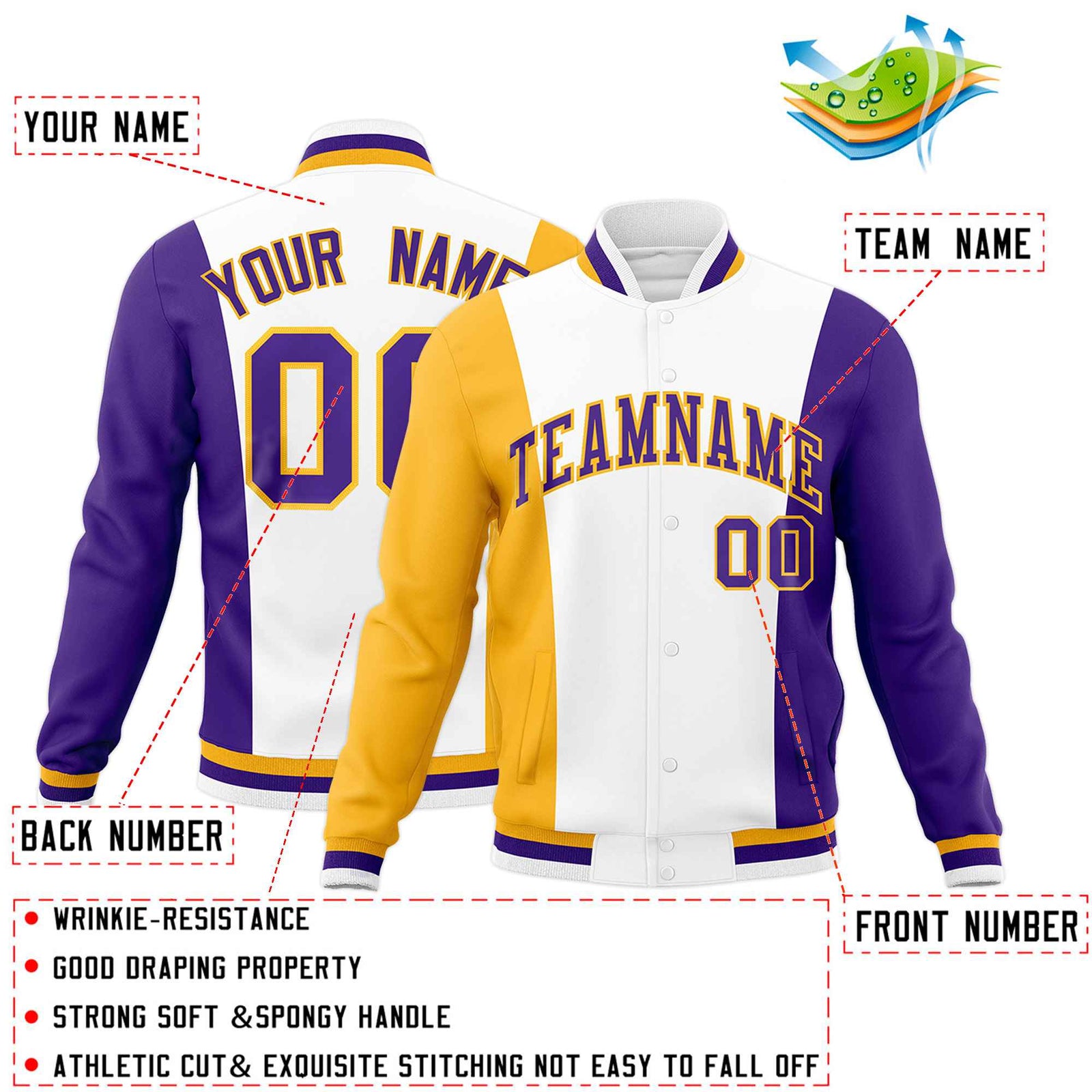 Custom White Yellow Purple Personalization Varsity Full-Snap Three Color Blocks Letterman Jacket