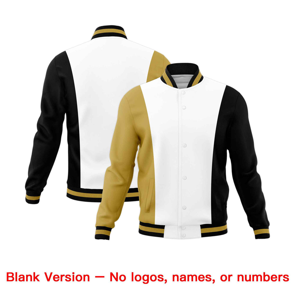 Custom White Old Gold Black Personalization Varsity Full-Snap Three Color Blocks Letterman Jacket