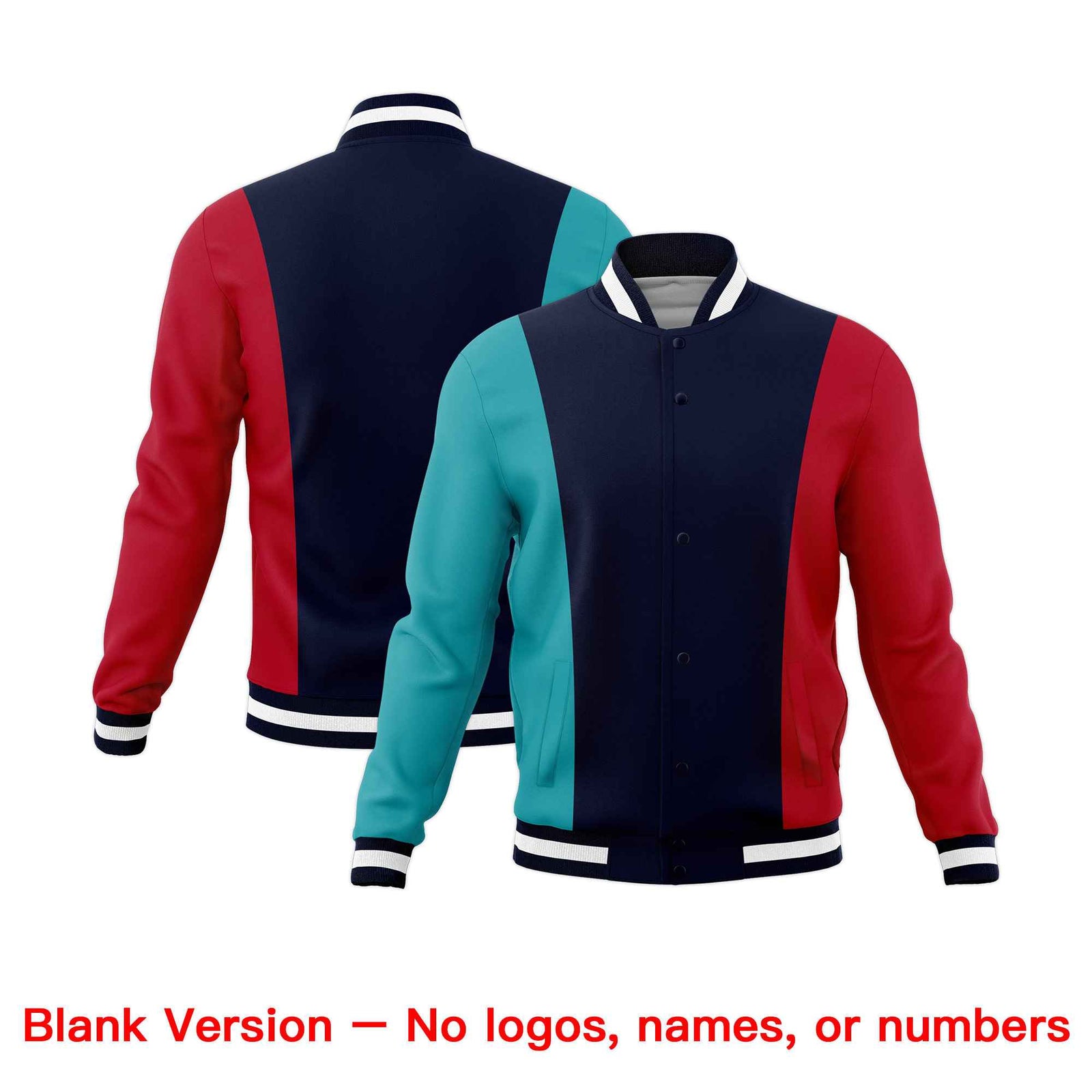 Custom Navy Aqua Red Personalization Varsity Full-Snap Three Color Blocks Letterman Jacket