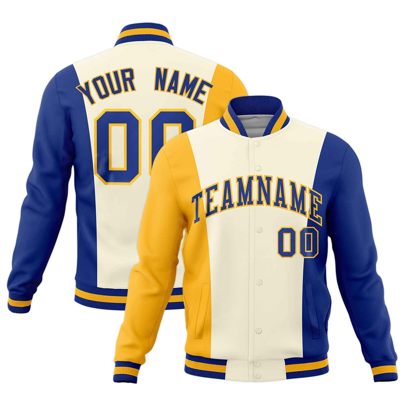 Custom Yellow Cream Royal Blue Personalization Varsity Full-Snap Three Color Blocks Letterman Jacket