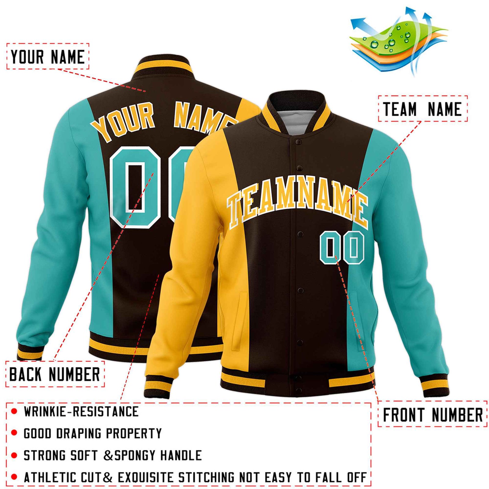 Custom Brown Yellow Teal Personalization Varsity Full-Snap Three Color Blocks Letterman Jacket
