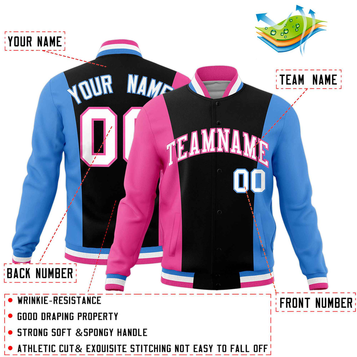 Custom Black Pink Powder Blue Personalization Varsity Full-Snap Three Color Blocks Letterman Jacket