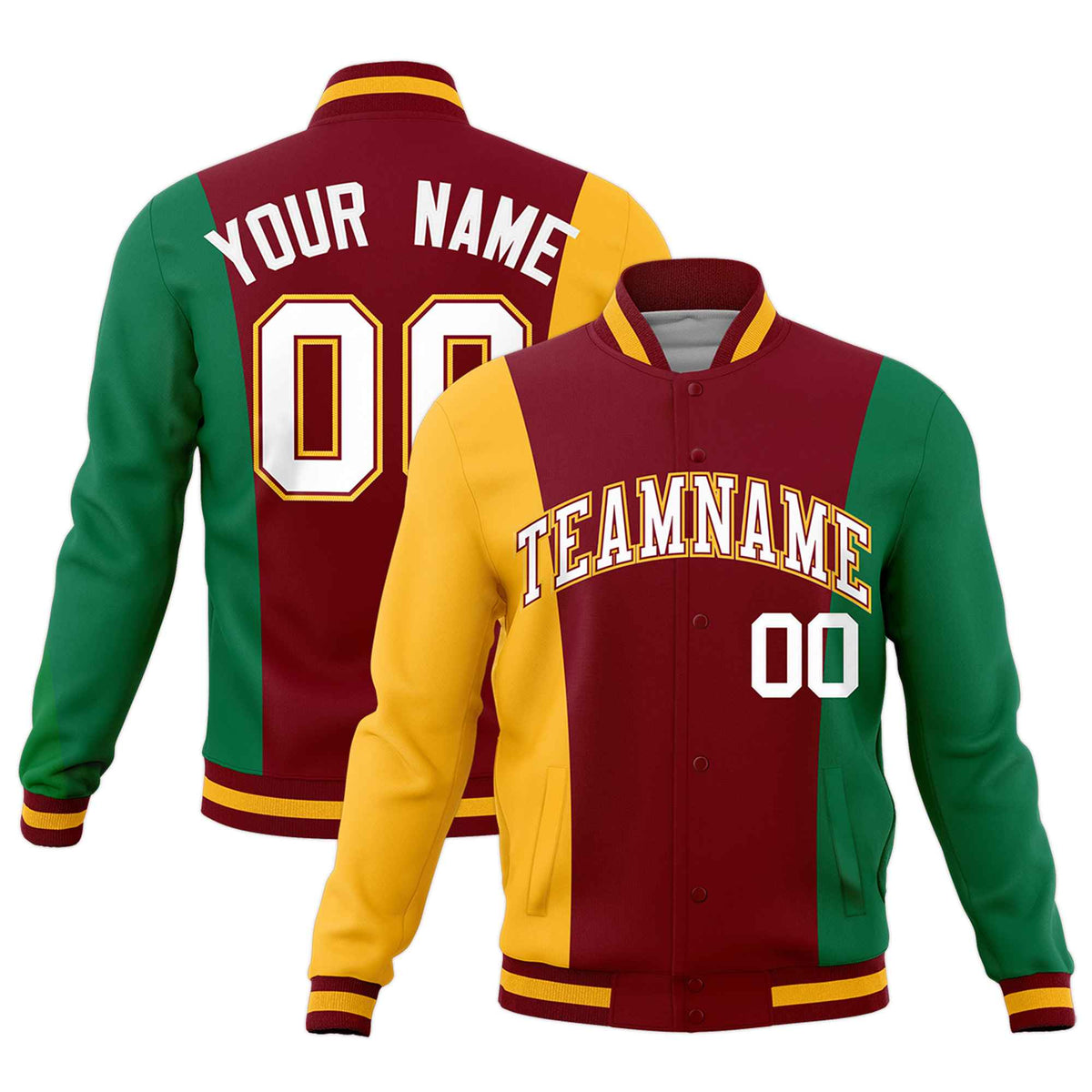 Custom Crimson Yellow Kelly Green Personalization Varsity Full-Snap Three Color Blocks Letterman Jacket