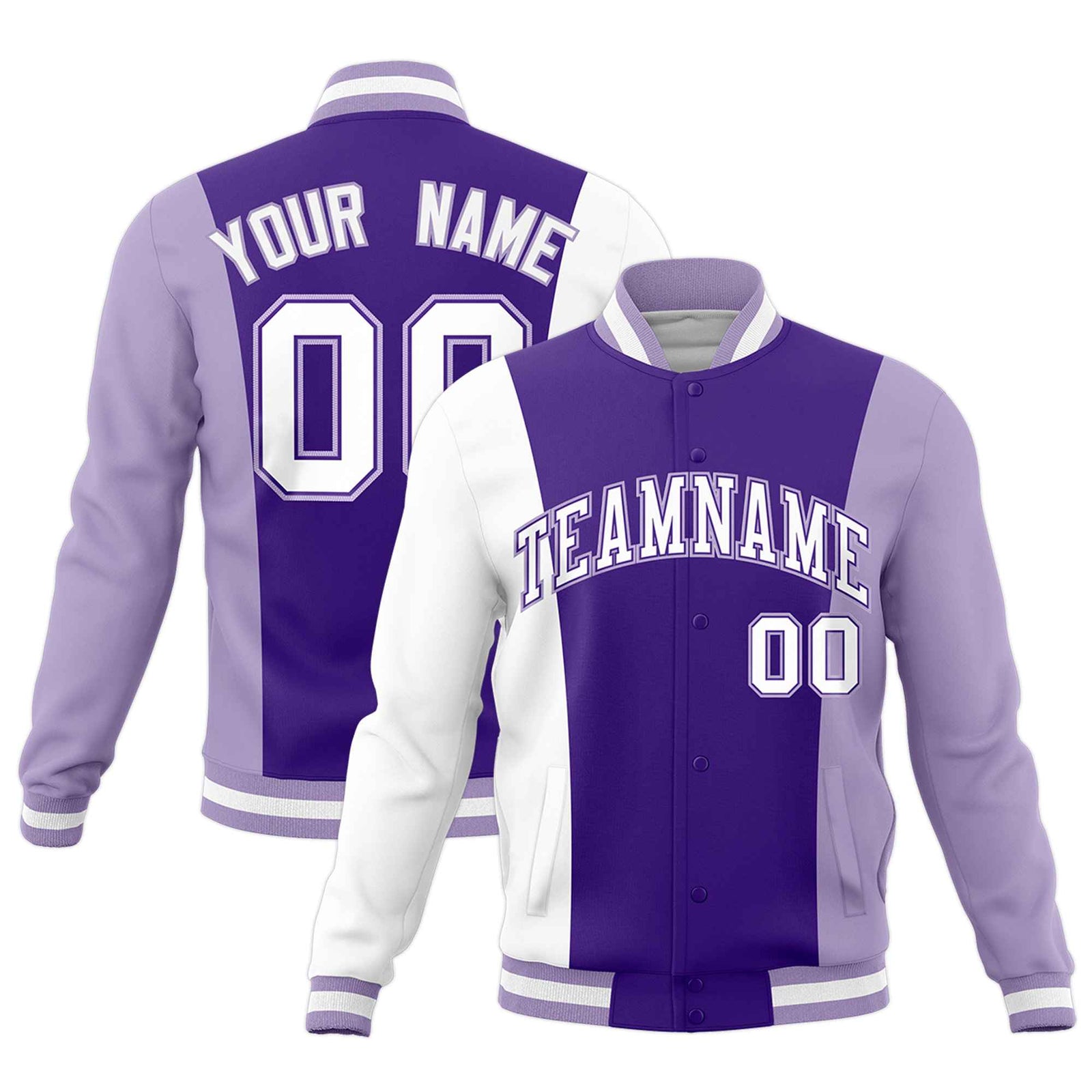 Custom Purple White Light Purple Personalization Varsity Full-Snap Three Color Blocks Letterman Jacket