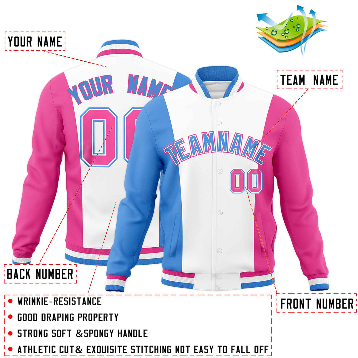 Custom White Powder Blue Pink Personalization Varsity Full-Snap Three Color Blocks Letterman Jacket