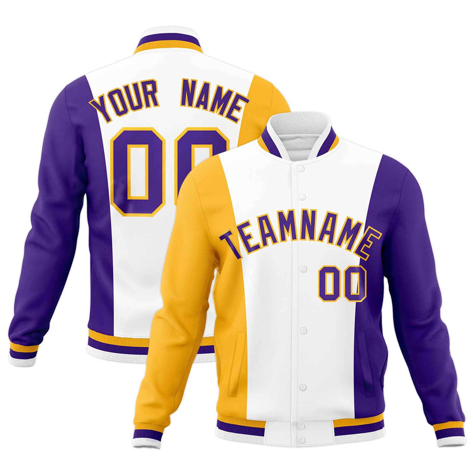 Custom White Yellow Purple Personalization Varsity Full-Snap Three Color Blocks Letterman Jacket