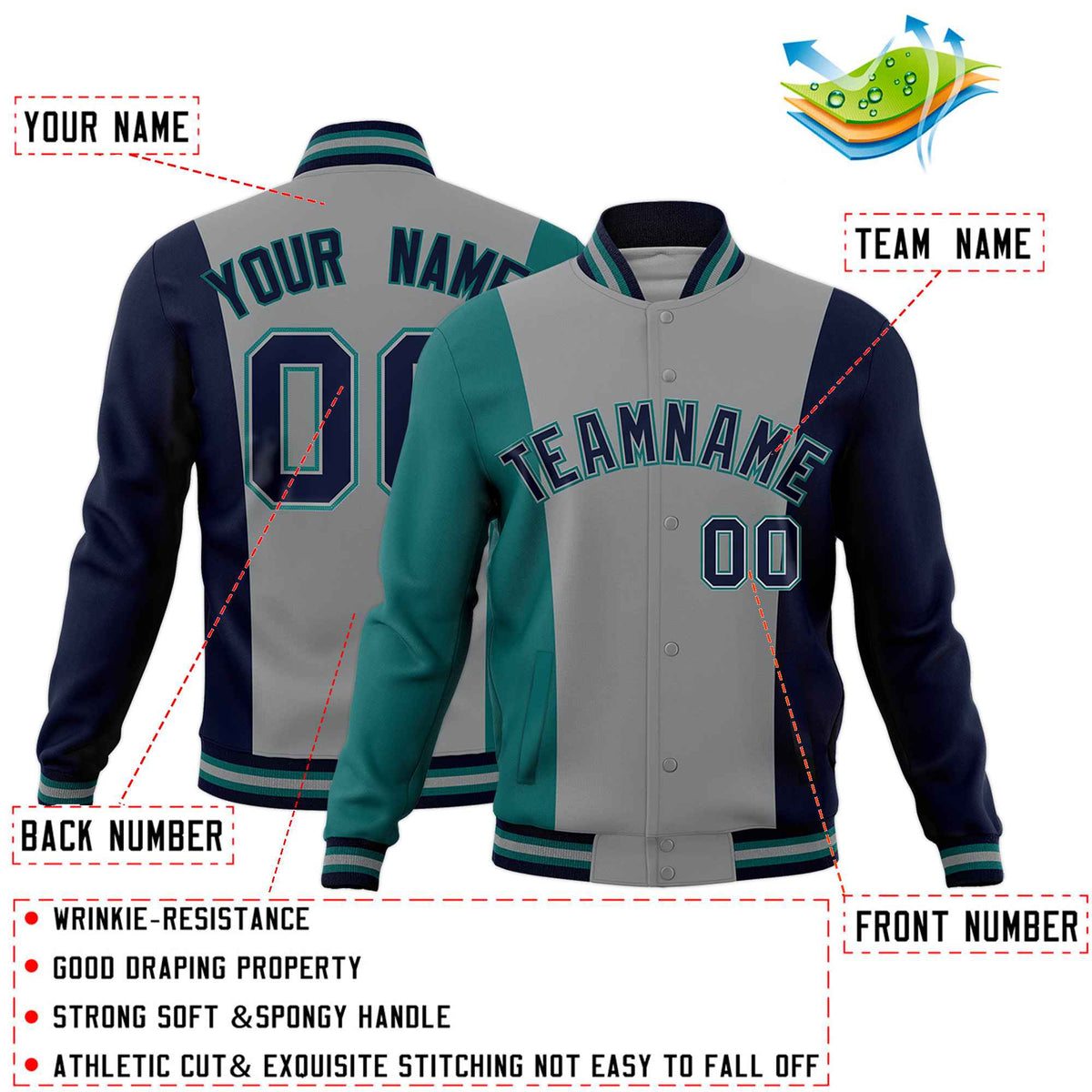 Custom Gray Teal Navy Personalization Varsity Full-Snap Three Color Blocks Letterman Jacket