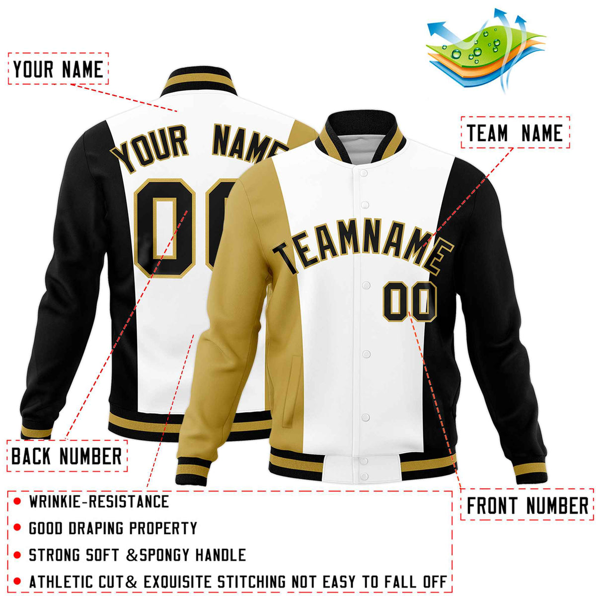 Custom White Old Gold Black Personalization Varsity Full-Snap Three Color Blocks Letterman Jacket