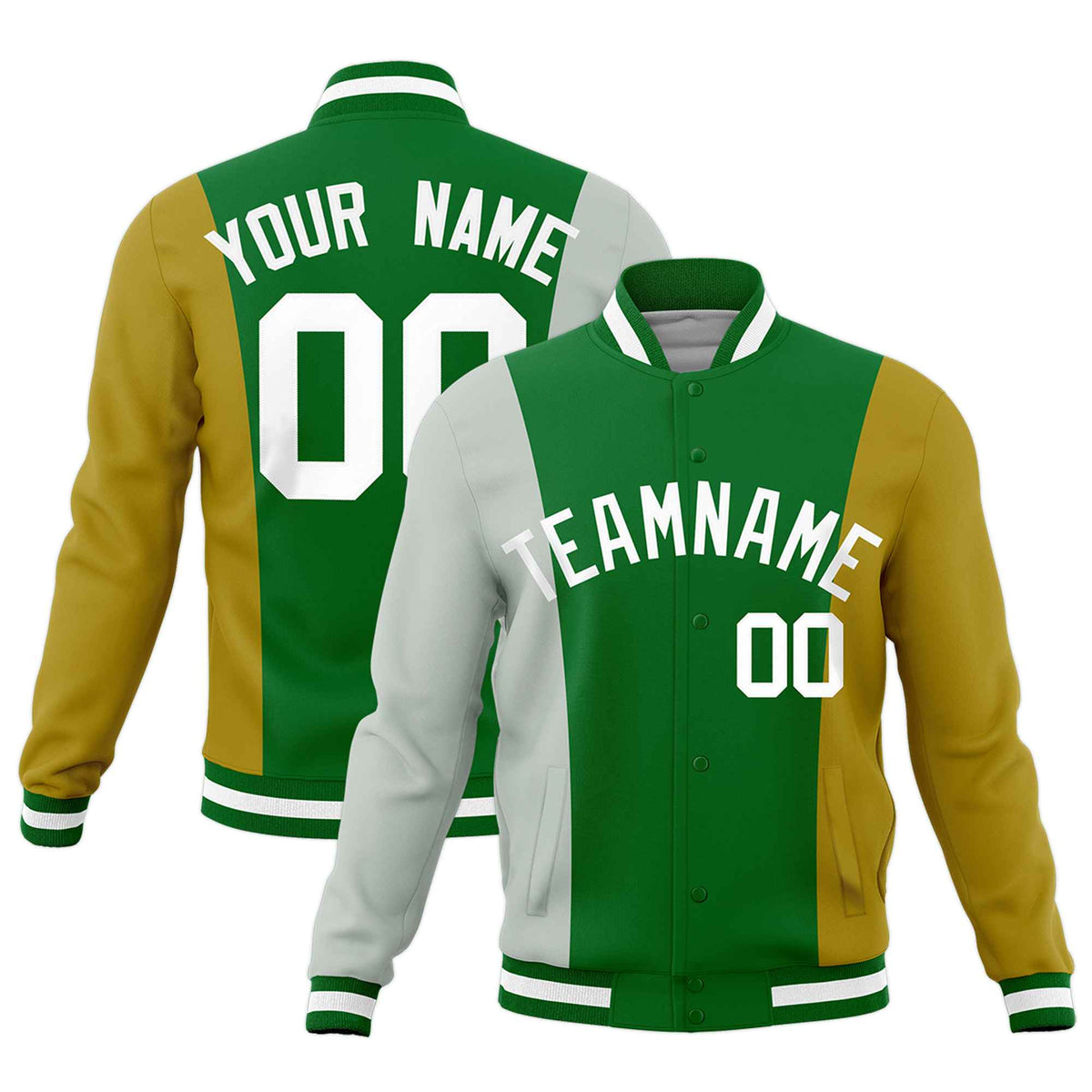 Custom Kelly Green Gray Old Gold Personalization Varsity Full-Snap Three Color Blocks Letterman Jacket