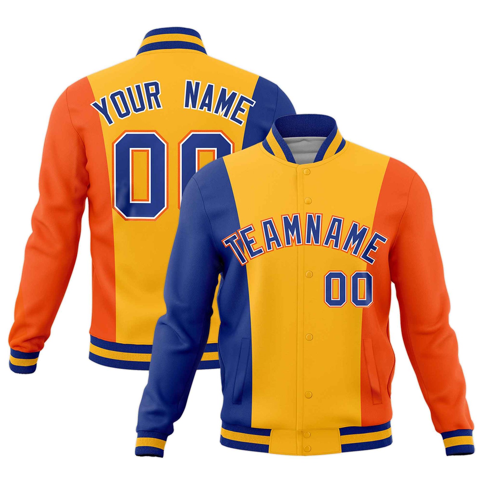 Custom Royal Blue Yellow Orange Personalization Varsity Full-Snap Three Color Blocks Letterman Jacket