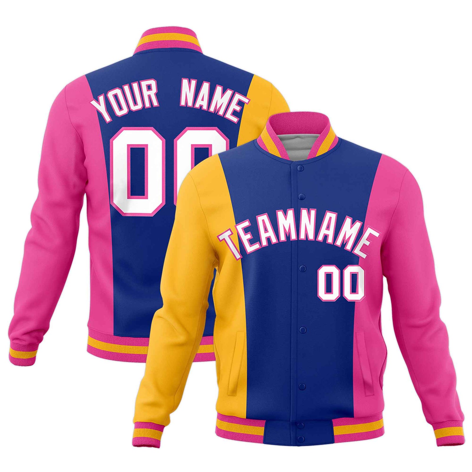 Custom Yellow Royal Blue Pink Personalization Varsity Full-Snap Three Color Blocks Letterman Jacket