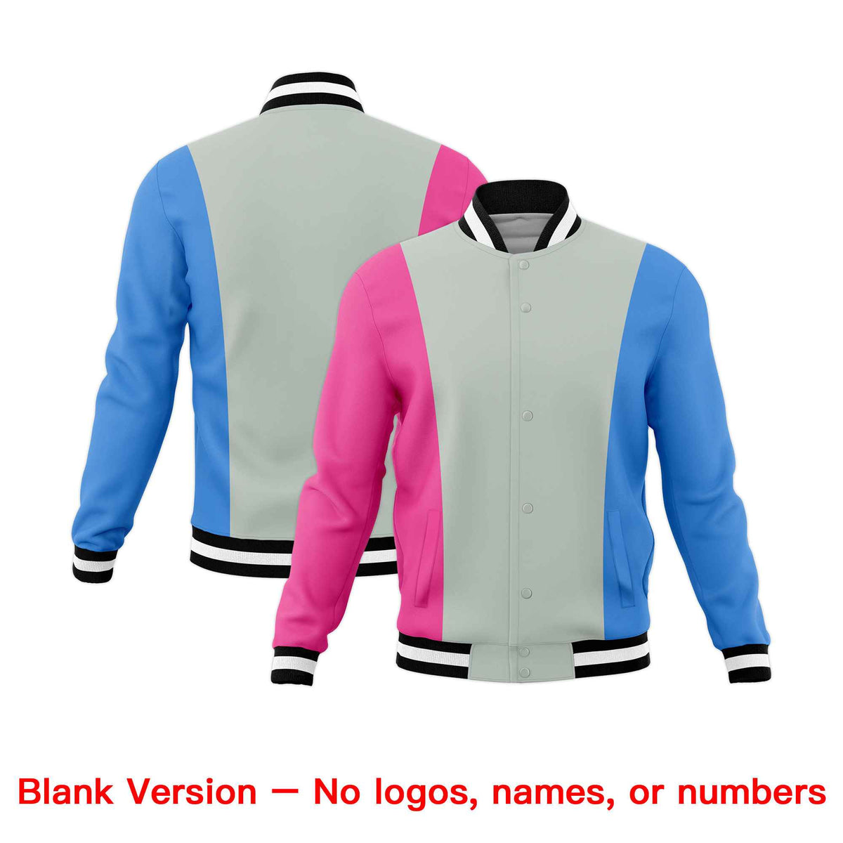 Custom Gray Pink Powder Blue Personalization Varsity Full-Snap Three Color Blocks Letterman Jacket