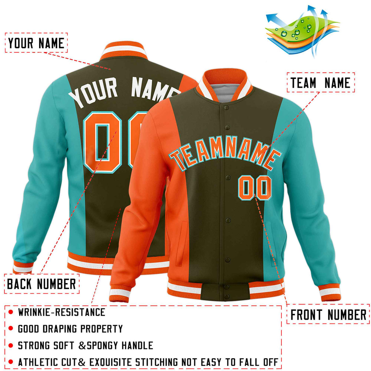 Custom Olive Orange Teal Personalization Varsity Full-Snap Three Color Blocks Letterman Jacket